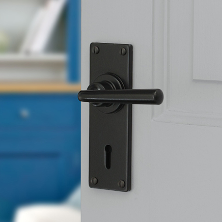 Black lever handle on white door